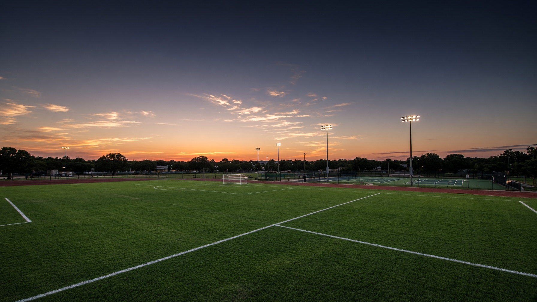 A floodlit North Texas sports campus at dusk